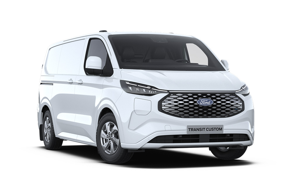 Pohled zepředu na bílou elektrickou dodávku Ford E-Transit Custom.